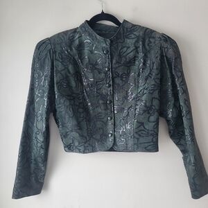 Gordon Battah Vintage Cropped Green Suede Jacket with Floral Jacquard